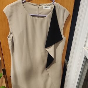 Calvin Klein Beige Midi Sheath Dress with Black Ruffle Detail